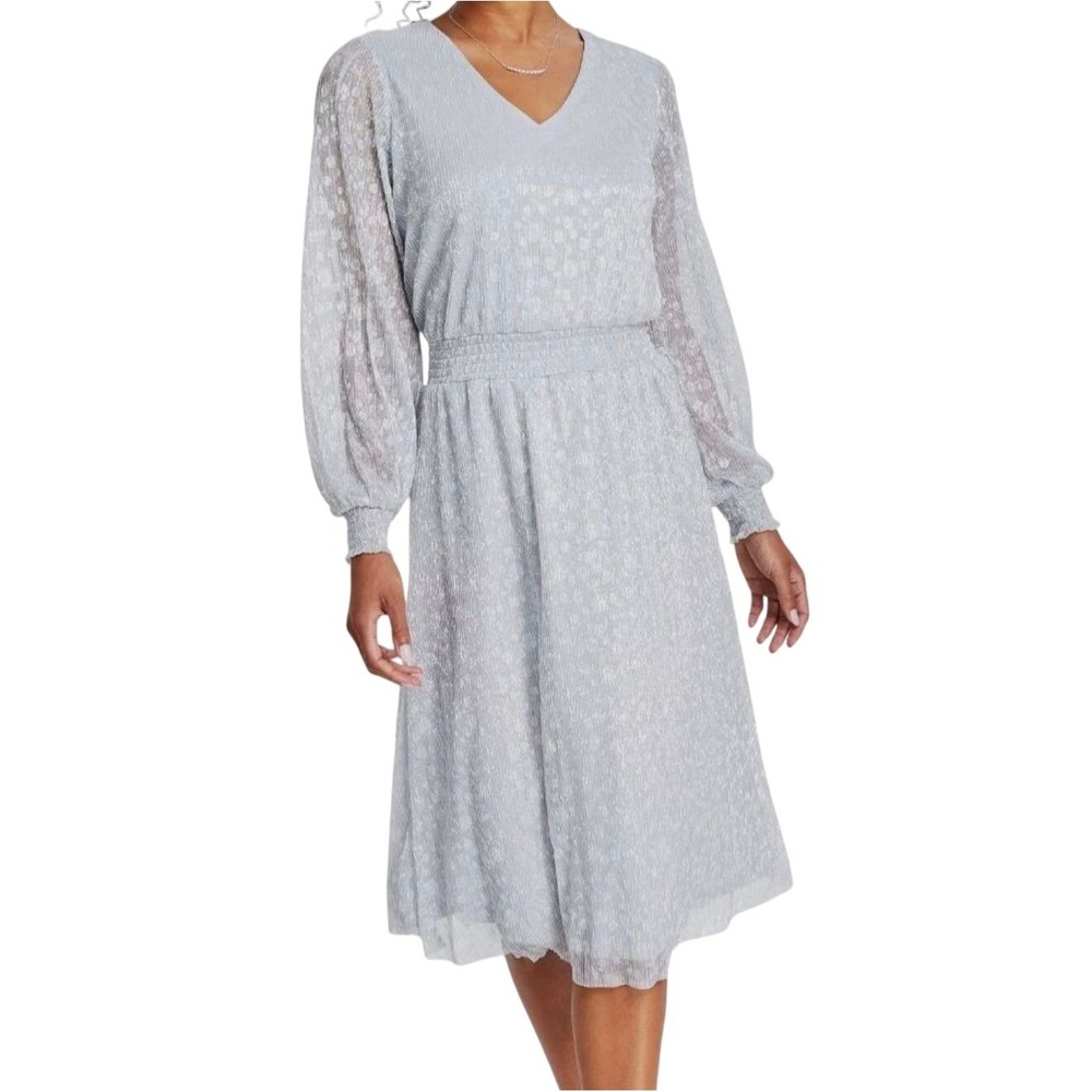 MSK Silver Metallic Pleated V-Neck Smocked Waist Midi Cocktail Dress Size Medium